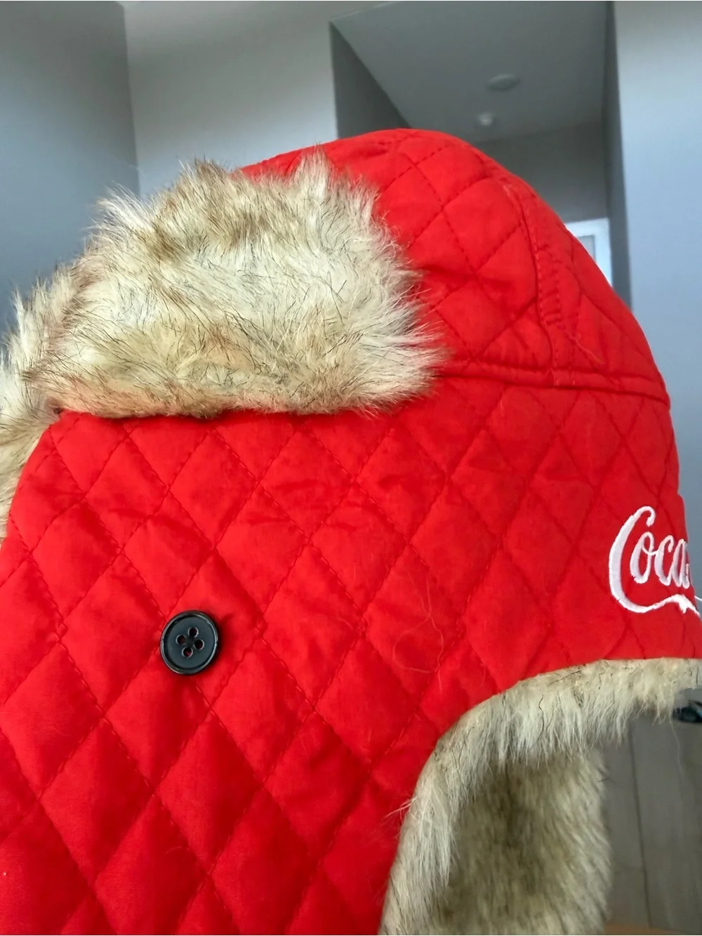 Coca Cola Bright Red Quilted Trapper Hat with Faux Fur Trim